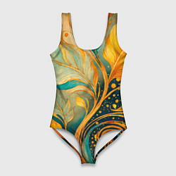 Женский купальник-боди Золотые и бирюзовые листья абстракция