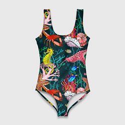 Купальник-боди 3D женский Морская жизнь под водой - паттерн с звёздами и кон, цвет: 3D-принт