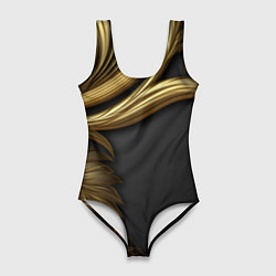 Купальник-боди 3D женский Золотые объемные листья на черном, цвет: 3D-принт