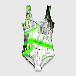 Купальник-боди 3D женский Бело-зелёная абстракция на чёрном фоне, цвет: 3D-принт