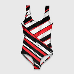 Купальник-боди 3D женский Красно-белые диагональные полосы на чёрном фоне, цвет: 3D-принт