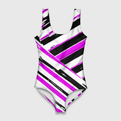 Купальник-боди 3D женский Розово-чёрные полосы на белом фоне, цвет: 3D-принт