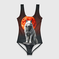 Женский купальник-боди Белый волк в ночи