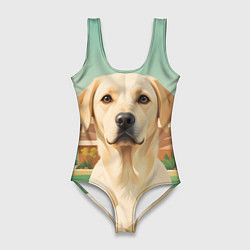 Купальник-боди 3D женский Лабрадор на фоне пальм, цвет: 3D-принт