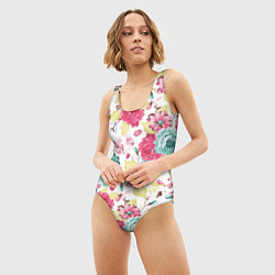 Купальник-боди 3D женский Розы красные и бирюзовые, цвет: 3D-принт — фото 2