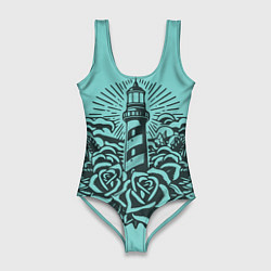 Купальник-боди 3D женский Маяк и розы, цвет: 3D-принт