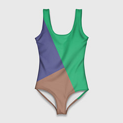 Купальник-боди 3D женский Триада зелёный фиолетовый и коричневый геометричны, цвет: 3D-принт