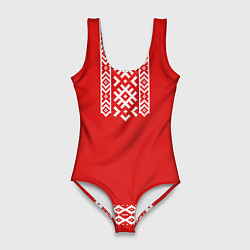 Купальник-боди 3D женский Славянский узор на красном - вышиванка рубаха крас, цвет: 3D-принт
