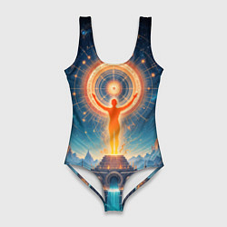 Женский купальник-боди Мистическая светящаяся оранжевая фигура и круг