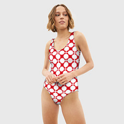 Купальник-боди 3D женский Красно белый узор в клетку и горох, цвет: 3D-принт — фото 2