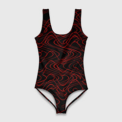 Купальник-боди 3D женский Чёрный с красными волнистыми линиями абстракция, цвет: 3D-принт
