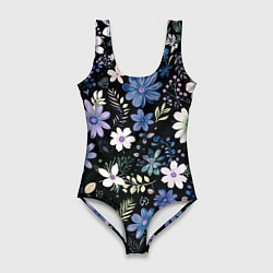 Женский купальник-боди Чёрный в синий цветочек стилизованный
