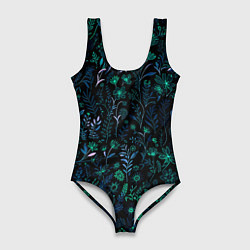 Купальник-боди 3D женский Чёрный в сине-зелёный цветочек, цвет: 3D-принт