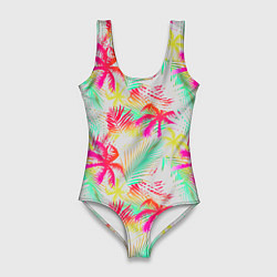 Купальник-боди 3D женский Palm yellow pink, цвет: 3D-принт