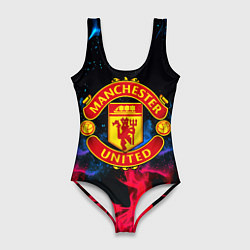 Купальник-боди 3D женский Манчестер Юнайтед неоновый огонь, цвет: 3D-принт