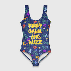 Женский купальник-боди Keep calm and buzz - пчелы и цветы