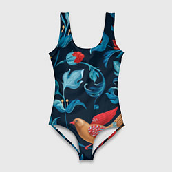 Женский купальник-боди Ночные цветы и птицы