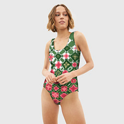 Купальник-боди 3D женский Розово-зеленая метаморфоза, цвет: 3D-принт — фото 2