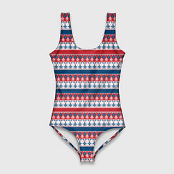 Купальник-боди 3D женский Скандинавский красно синий новогодний орнамент, цвет: 3D-принт