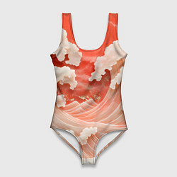 Купальник-боди 3D женский Японские красные волны, цвет: 3D-принт
