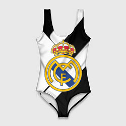 Купальник-боди 3D женский Реал Мадрид черно белые полосы, цвет: 3D-принт