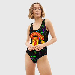 Купальник-боди 3D женский Манчестер Юнайтед неоновые краски, цвет: 3D-принт — фото 2