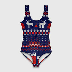 Купальник-боди 3D женский Новогодний вязаный паттерн, цвет: 3D-принт