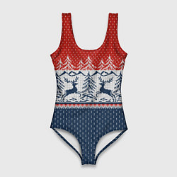 Купальник-боди 3D женский Вязаный узор с оленями, цвет: 3D-принт