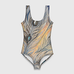 Купальник-боди 3D женский Синие перья с самоцветами, цвет: 3D-принт