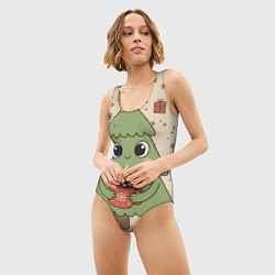 Купальник-боди 3D женский Новогодняя елочка с горячим шоколадом, цвет: 3D-принт — фото 2