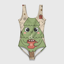 Купальник-боди 3D женский Новогодняя елочка с горячим шоколадом, цвет: 3D-принт