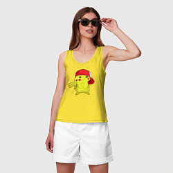 Майка женская хлопок Пикачу в крутой кепке, арт, цвет: желтый — фото 2
