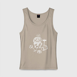 Майка женская хлопок Скелет барабанщик белый, цвет: миндальный