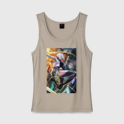 Майка женская хлопок Люси выпрыгивает из башни Арасаки после взрыва, цвет: миндальный