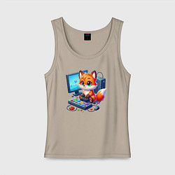 Майка женская хлопок Лисёнок - заядлый игроман, цвет: миндальный