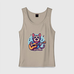 Майка женская хлопок Полосатый кот играет на гитаре, цвет: миндальный