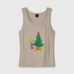 Майка женская хлопок Ребенок украшает елку, цвет: миндальный