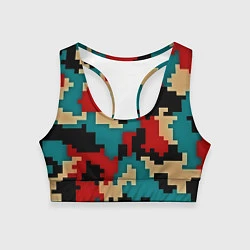 Топик спортивный женский Камуфляж пиксельный: красный/голубой, цвет: 3D-принт