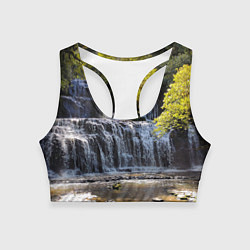 Топик спортивный женский Водопад, солнечные лучи и лес, цвет: 3D-принт