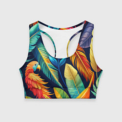 Топик спортивный женский Пёстрые пёрышки попугаев, цвет: 3D-принт