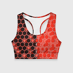 Топик спортивный женский Техно-киберпанк шестиугольники красный и чёрный, цвет: 3D-принт