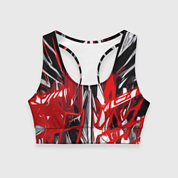 Топик спортивный женский Красно-белая хаотичная абстракция на чёрном фоне, цвет: 3D-принт