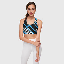 Топик спортивный женский Сине-белые линии на чёрном фоне, цвет: 3D-принт — фото 2
