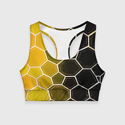 Топик спортивный женский Белые шестиугольники на чёрно-жёлтом фоне, цвет: 3D-принт