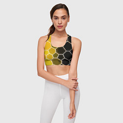 Топик спортивный женский Белые шестиугольники на чёрно-жёлтом фоне, цвет: 3D-принт — фото 2