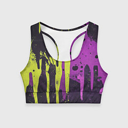 Топик спортивный женский Желтая и фиолетовая краска на черном, цвет: 3D-принт