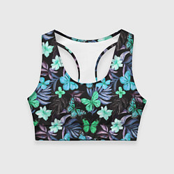 Топик спортивный женский Бабочки и тропические цветы на черном фоне, цвет: 3D-принт