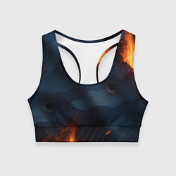 Топик спортивный женский Разорванный синий камуфляж с огнем, цвет: 3D-принт