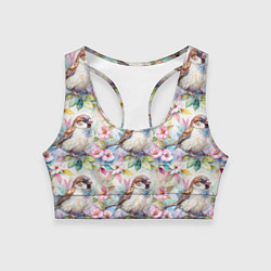 Топик спортивный женский Воробей в ярких цветах паттерн, цвет: 3D-принт