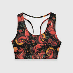 Топик спортивный женский Красная лошадь с розами, цвет: 3D-принт